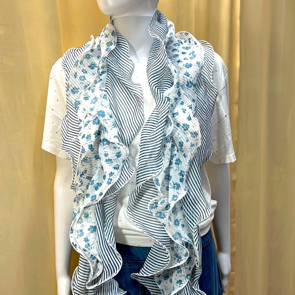 CHAPS WIRED BLUE DOUBLED FLORAL & STRIPE SCARF~AIRY, LIGHT & GORGEOUS